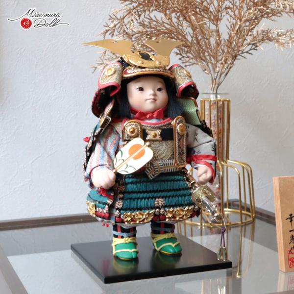 五月人形 コンパクト おしゃれ かっこいい モダン インテリア 幸一光 子供大将 悠 縹 はなだ 青 鎧着大将 黒小札 太刀別誂 錺金具 増村人形店 MMN0224