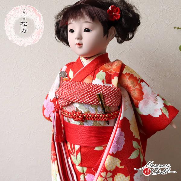 市松人形 小出松寿10号 京友禅桜尽くし赤衣装 人形の ケース別売り 黒塗前扉 前ガラス面取 市松人形対応 女の子 上品 童 日本人形 増村人形店 MMN3207