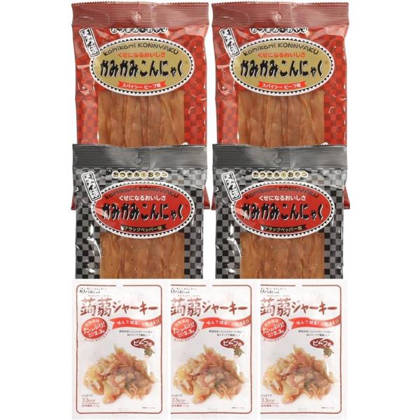 「商品情報」「主な仕様」?合計7袋(かみかみこんにゃく スパイシービーフ味 2袋、かみかみこんにゃく ブラックペッパー味 2袋、蒟蒻ジャーキー 3袋)?まるでジャーキーのようで、でも確かにこんにゃくでできているという不思議な食べ物。?ダイエ...