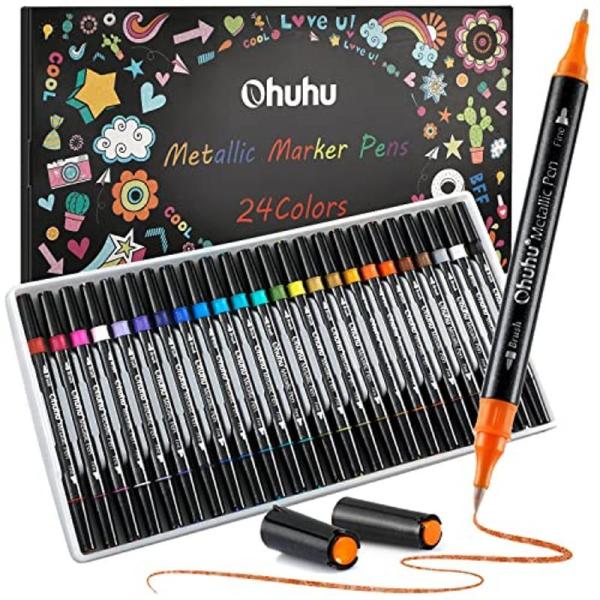 Ohuhu メタリックペン 筆先 24色セット 筆タイプと細字 水性 1-4mm メタリック色 キラキラ メタリックカラー DIY サプライ