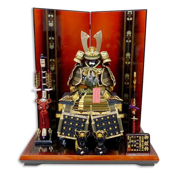 五月人形 一龍作 6号 鎧飾り 極上仕上げ 甲州印伝革 白檀塗り小札 コンパクト 会津塗 家紋名前札