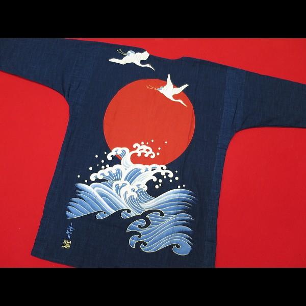 波と鶴（藍調むら染め・藍紺）義若 大人鯉口シャツ : 祭屋 そなみ呉服
