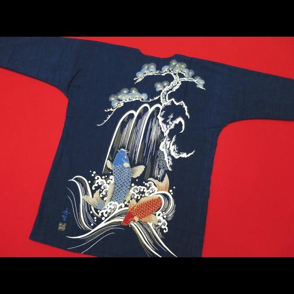 鯉の滝昇り（藍調むら染め・藍紺）義若 大人鯉口シャツ : 祭屋