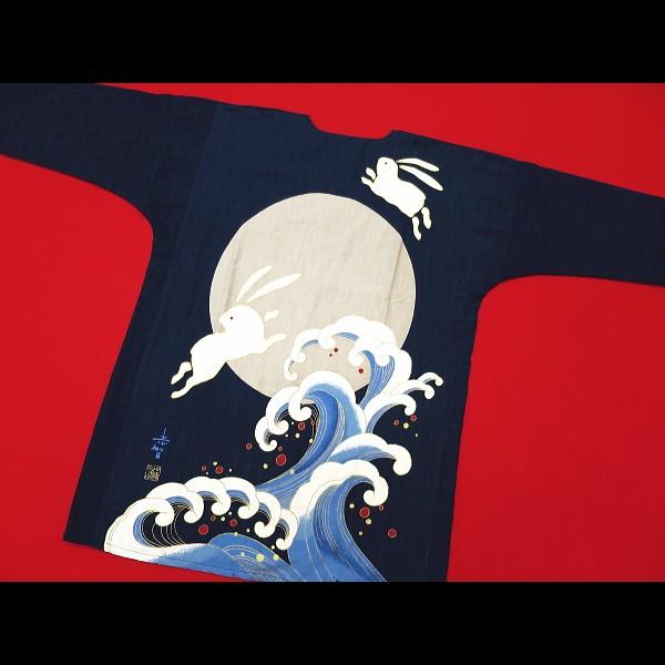 月とウサギ（藍調むら染め・藍紺）義若 大人鯉口シャツ : 祭屋 そなみ