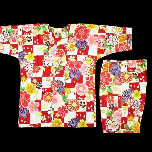 市松に桜（赤）７号サイズ（１４０）子供鯉口シャツ上下組 義若オリジナル