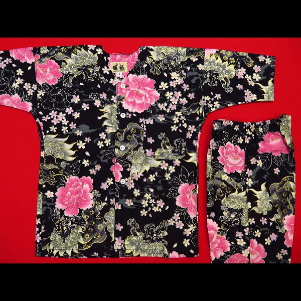 鯉口シャツ 金彩唐獅子牡丹と桜吹雪（黒ピンク）1号〜3号サイズ