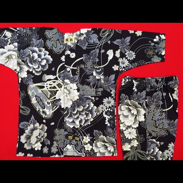 金彩牡丹と桜 黒 ４号 ５号サイズ １２０ １３０ 子供鯉口シャツ上下組 義若オリジナル Koi 042 祭屋 そなみ呉服店 通販 Yahoo ショッピング