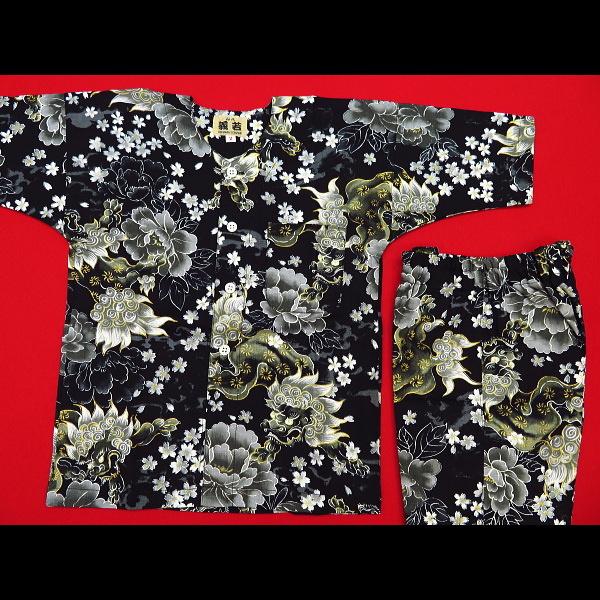 鯉口シャツ 金彩唐獅子牡丹と桜吹雪（黒）1号〜3号サイズ（90