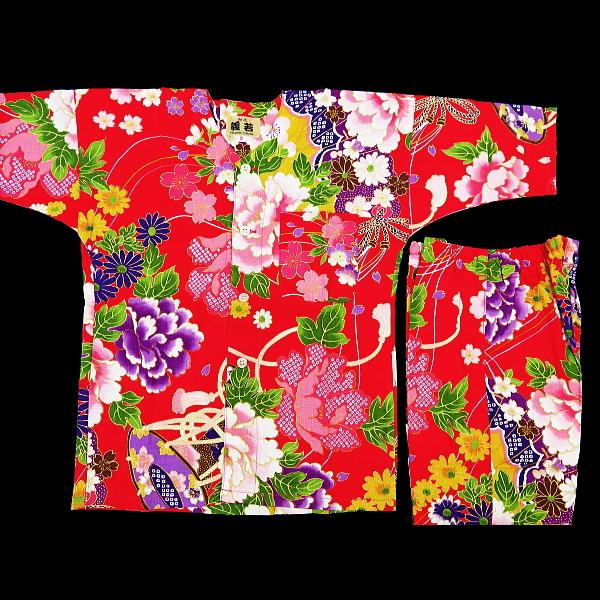 鯉口シャツ 金彩牡丹と桜(赤）1号〜3号サイズ（90〜110）子供