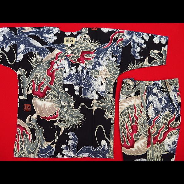 鯉口シャツ 大荒波に龍（黒赤）７号サイズ（１４０）子供鯉口シャツ上下組 義若オリジナル