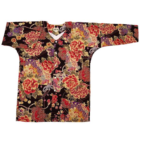 鯉口シャツ 金彩牡丹と桜（黒赤）超巾広サイズ（4L） 大人鯉口シャツ