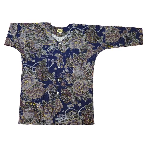 鯉口シャツ 金彩牡丹と桜（渋藍紺）大人鯉口シャツ単品 男女兼用 義若オリジナル