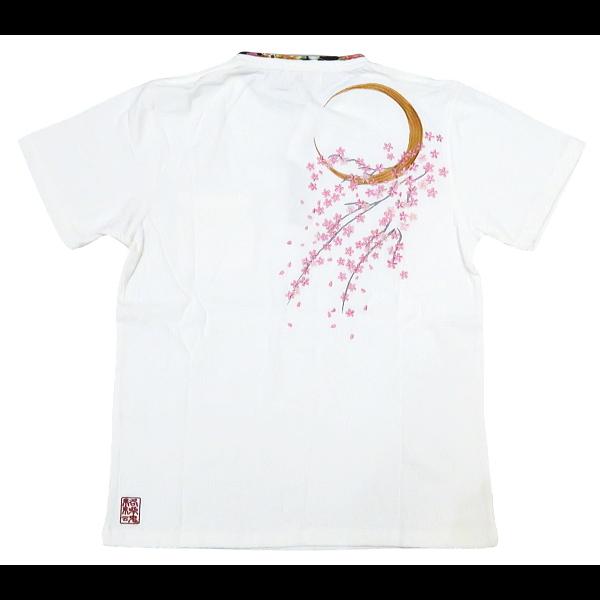 Tシャツ 和柄 月桜刺繍（白）和柄ヘンリーネック半袖Tシャツ 絡繰魂 