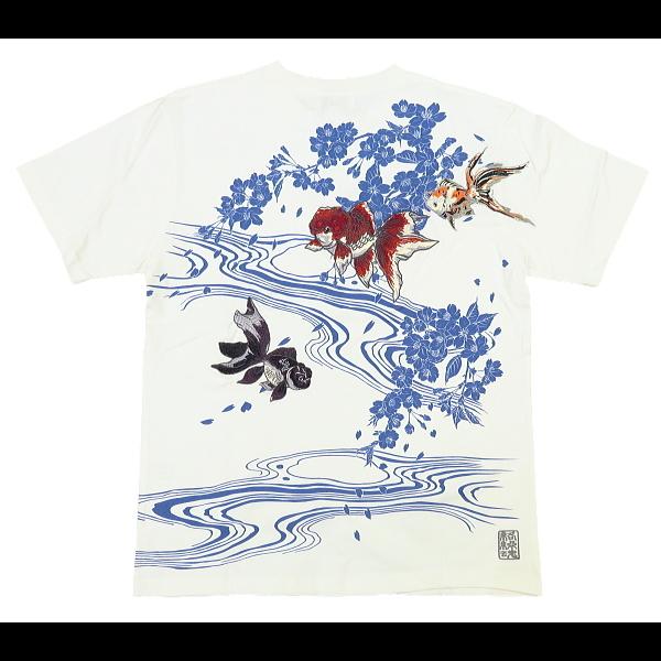 Tシャツ 和柄 金魚刺繍（白）和柄半袖Tシャツ 絡繰魂 : 祭屋 そなみ