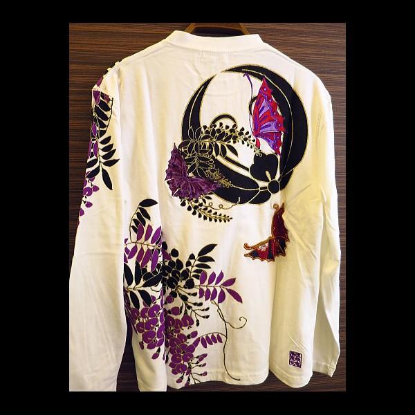 Tシャツ 和柄 金彩藤に蝶刺繍（白）和柄長袖Tシャツ : 祭屋 そなみ