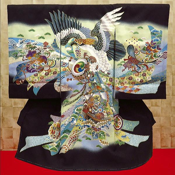 飛翔鷹・宝船・熨斗目・黒 男児 初着 祝着 のしめ 産着 男の子のお