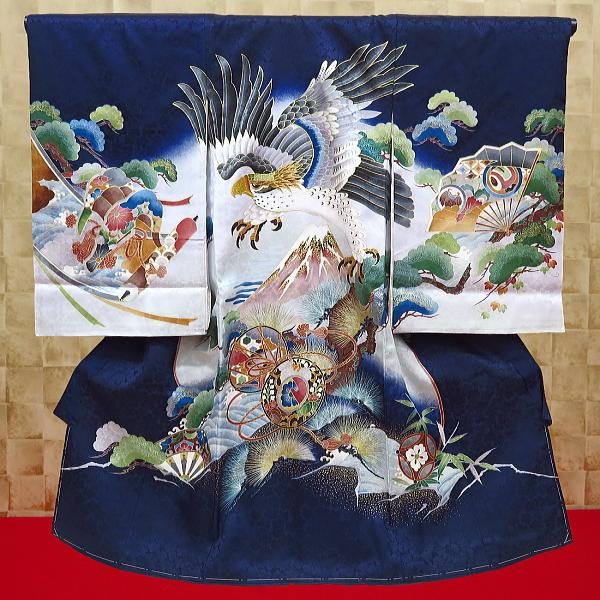鷹と富士山・鼓・扇・巻物・紺男児 初着 祝着 のしめ 産着 男の子のお 