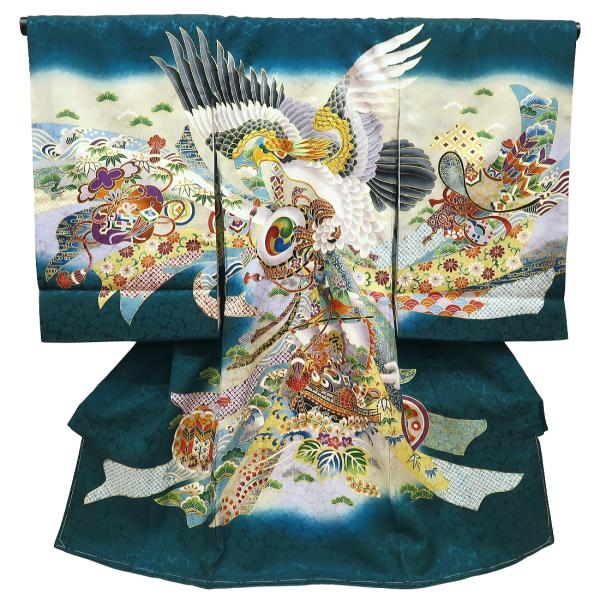 子供着物　男の子　祝い着　熨斗目　鷹　宝船　荒波　美品 飛翔鷹・束ね熨斗・吉祥紋様・青竹色】男児 初着 祝着 のしめ 産着