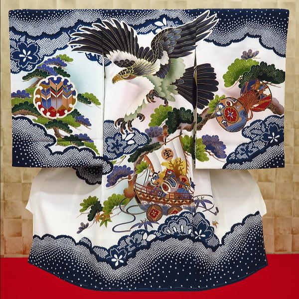 飛翔鷹・宝船・染め疋田・紺 男児 初着 祝着 のしめ 産着 男の子のお