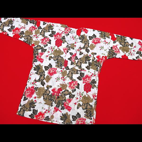 赤い唐獅子　送料込み 唐獅子牡丹（白赤）巾広サイズ（3L） 大人鯉口シャツ 祭矢 : 祭屋 そ