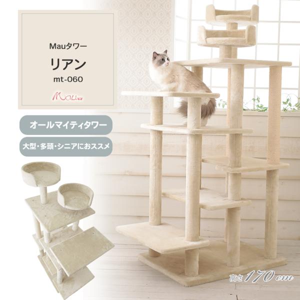 大型・多頭・シニアにオススメ！広々スペースと上下運動のしやすい設計タワーです。【Mauタワーリアン　仕様】●型番　mt-060●全高 170cm●重量 約38.8kg●最大所要サイズ 幅:約60cm×奥行:約98cm●梱包サイズ 1/2箱：...