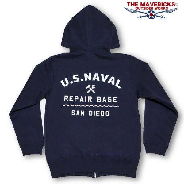 THE MAVERICKS ブランド ミリタリー ジップアップ スウェット パーカー 裏起毛 メンズ 米海軍 REPAIR BASE ネイビー