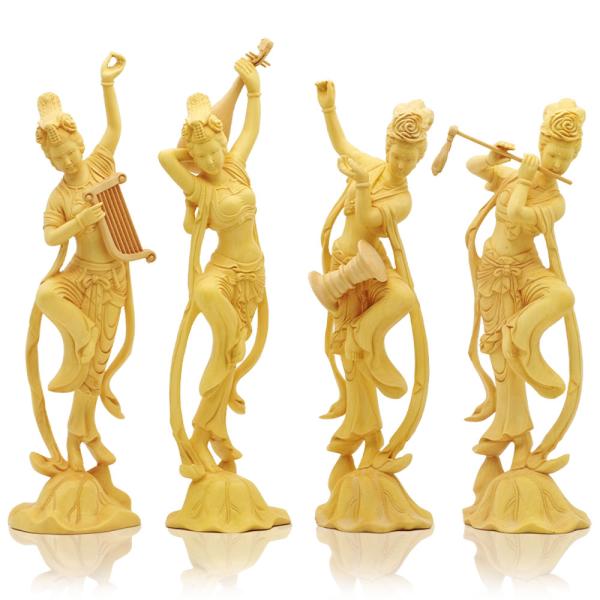 飛天四音美女 木彫り 女性像 置物 柘植 幸運 開運 風水 インテリア 4点