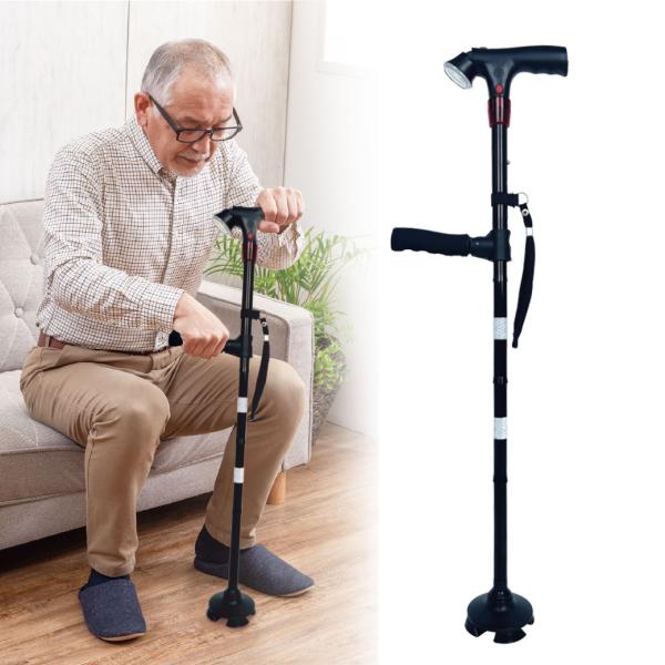 補助ハンドル付4点ステッキ〈SGマーク製品〉　LEDライト 反射シール 4点ステッキ 4点杖 介護 軽量