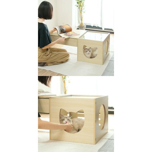 テーブル ローテーブル 猫 キャットハウス ペットハウス カフェテーブル 木製 引き出し 100cm ペットベッド ガラス 肉球 猫ベッド