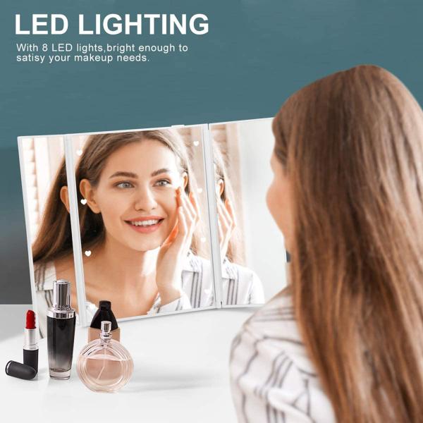 送料無料　三面鏡　鏡　化粧ミラー　化粧鏡　ミラー　8LED　電池式　折りたたみ　ハート　ライト　タッチライト　タッチスイッチ　立て掛け　コンパクト