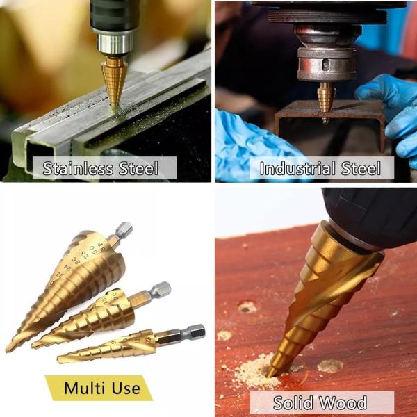 送料無料　スパイラルドリル　ステップドリル　タケノコドリル　チタンコーティング　六角軸　３本　4-32mm 4-20mm 4-12mm