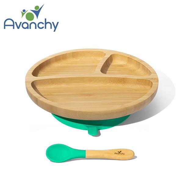 Avanchy Bamboo Stay Put Suction Toddler Plate + Spoon Green