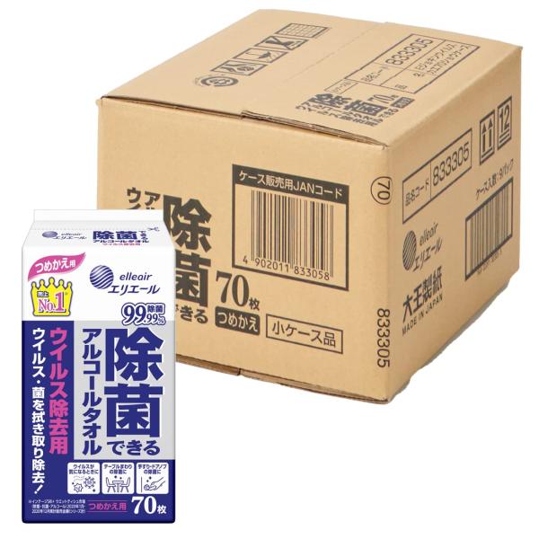 他サイト： エリエール ウェットティッシュ 除菌ウイルス除去用 アルコールタイプ ボトル つめかえ用 70枚×9 ハーフケース Amazon.co.jpの商品画像