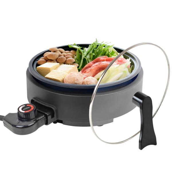 [山善] 電気鍋 グリル鍋 深鍋プレート 一人鍋 鍋直径21.9cm 深さ6cm 着脱式プレート 温度調節機能 保温機能 自立蓋 ガラス蓋 ブラック YGE-S100(B) ・【お手入れ】プレートは着脱式で表面にはこびりつきにくフッ素コート...