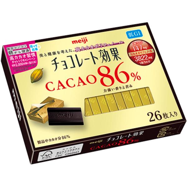 明治 チョコレート効果カカオ86%26枚入り 130g×6箱 ・カロリー:1枚(5.0g)あたり 29kcal・内容量:130g×6個・原材料:カカオマス、ココアパウダー、砂糖、ココアバター、乳化剤、香料、(一部に乳成分・大豆を含む)・原産...