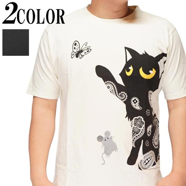 Joe Labero Illusions Tシャツ サイズ14 LIN 和柄 Tシャツ メンズ 半袖 黒猫のLamyとネズミのEarl 蝶が気になる