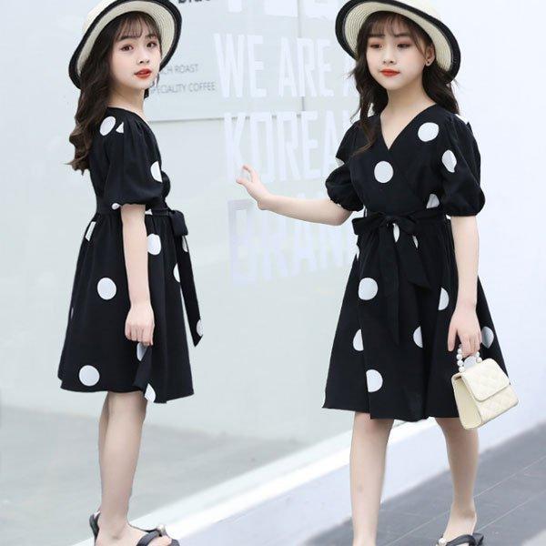 ワンピース キッズ 夏服 ワンピース ブラック 半袖 Vネック 水玉柄 オシャレ 膝丈 女の子 夏ワンピ パーティー 旅行 リゾート 普段着 子供ワンピ 夏着 110 160 P マユポポ 通販 Yahoo ショッピング