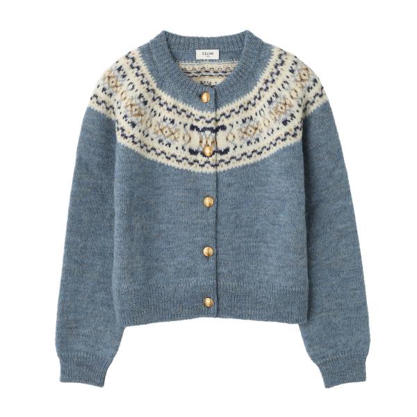 CELINE セリーヌ クルーネック カーディガン ブルー レディース