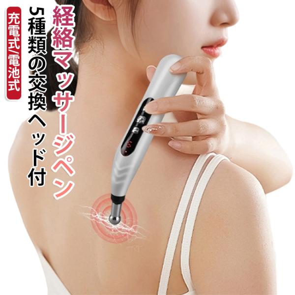 マッサージペン型電気鍼 5種類の交換ヘッド付き 経絡ペン 経絡治療 経穴治療 9段階の強さ調節 電気針 低周波 パルス 鍼治療 経絡筆 家庭用電子鍼灸