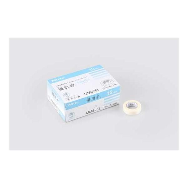 角質層を保護する、きれいに手で切れて肌に優しい不織布サージカルテープ 仕様幅×長さ：12mm×7m入数：1箱（24巻入）材質：基材／ポリエステル不織布、粘着剤／アクリル系ゲル