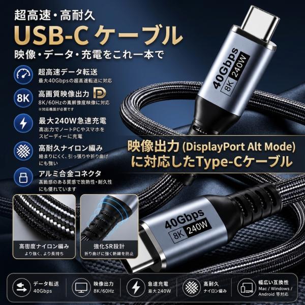 USB Type-C ケーブル 映像出力 DisplayPort Alt Mode 対応 8K 60Hz 40Mbps 240W PD3.1 急速充電 高耐久ナイロン モニター接続 x1本