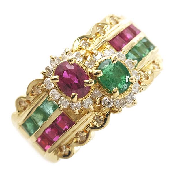 送料無料 本物 デザインリング 指輪 K18YGイエローゴールド エメラルド