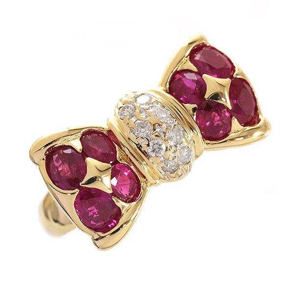 K18デザインリング指輪18金ルビーリボンダイヤモンド付き16号