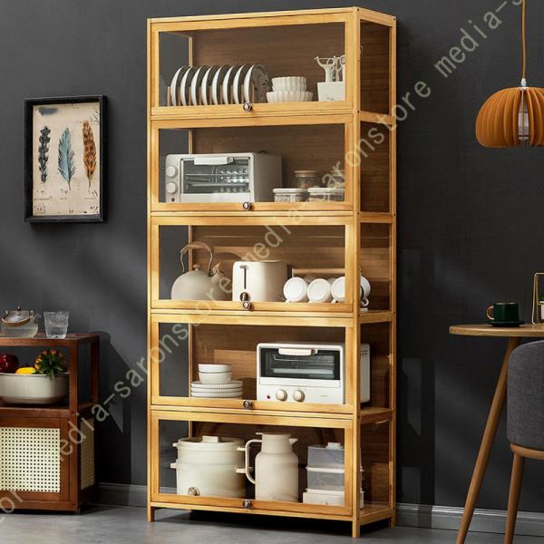 食器棚 ロータイプ 高い食器棚 スリム 収納 家具 ラック カップボード キッチン キャビネット キッチンボード ハイボード 北欧 竹製 おしゃれ 棚 ヴィンテージ