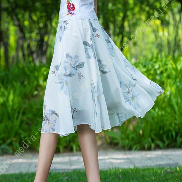 シフォンスカート 膝丈スカート 花柄 美脚効果 ロングスカート 水玉 ロングシフォンスカート 裏地付 Aライン ウエストゴム スカート パーティスカート 夏