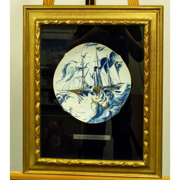 秘色】マイセン 陶額 プレート 「郵便蒸気船ソルベイ」 底部に窯印  