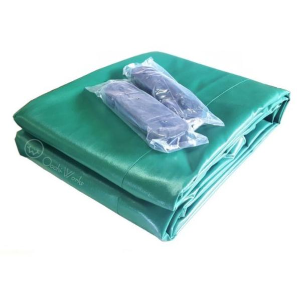 【商品名】トラックシート3号 グリーン【サイズ】2.3ｍ×3.6ｍ【カラー】グリーン【ハトメ】アルミハトメ　26個【重　量】約5.8kg【厚　み】0.5ｍｍゴムバンド4ｍ×2本入　（仮止め用の為、長期使用には適しておりません。)【注　意】※...