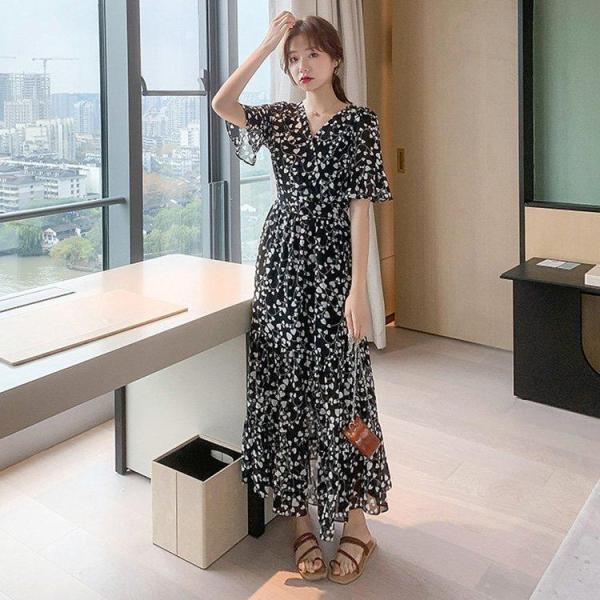 マキシワンピース レデイース シフォン ワンピース Vネック フレア 夏 花柄 リゾート ワンピース ロング丈 大きいサイズ オシャレ ゆったり 30