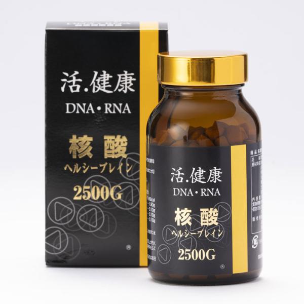 核酸ヘルシーブレイン2500GはDNAを含む鮭白子抽出物、RNAを含む酵母抽出物を配合した健康補助食品です。DNAやRNAといった核酸は健康維持のために大切な成分です。