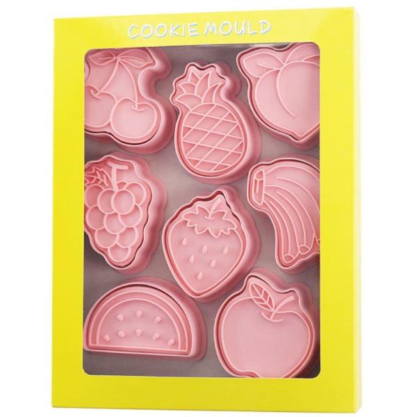 かわいい フルーツのクッキーカッター　8ピースセットさくらんぼ いちご ぶどう バナナ 桃 など可愛い果物がいっぱいです！プラスチック製で、簡単に型抜きが出来ます。小さなお子様や、キャラクター好きの方に喜んでいただけると思います！・箱が潰れ...
